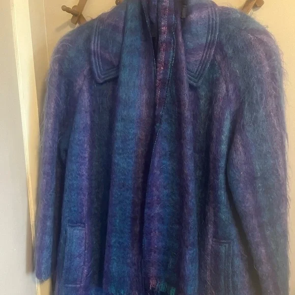 Fashion Gallery Blue Purple Mohair Wool Plaid Longline Coat M - Picture 11 of 14